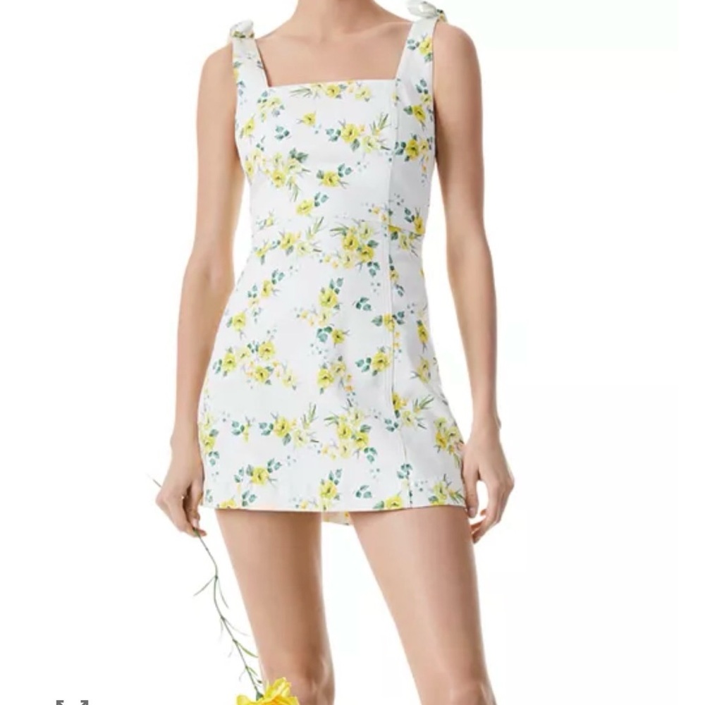 Alice+ Olivia Floral Tie-Shoulder Mini Dress - White with Yellow Floral